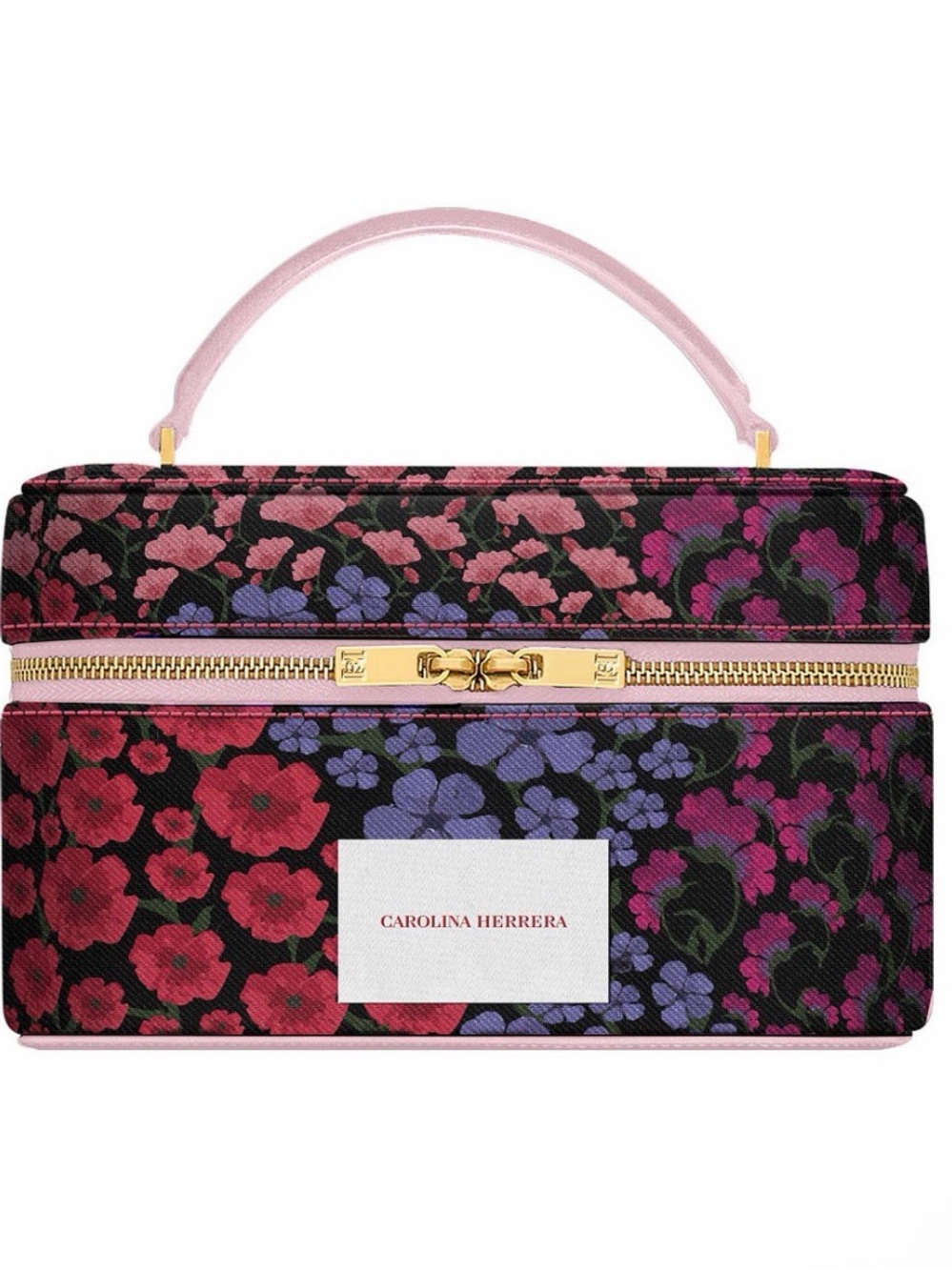 Carolina Herrera Black Floral Top-Handle Vanity Case with Pink Handle